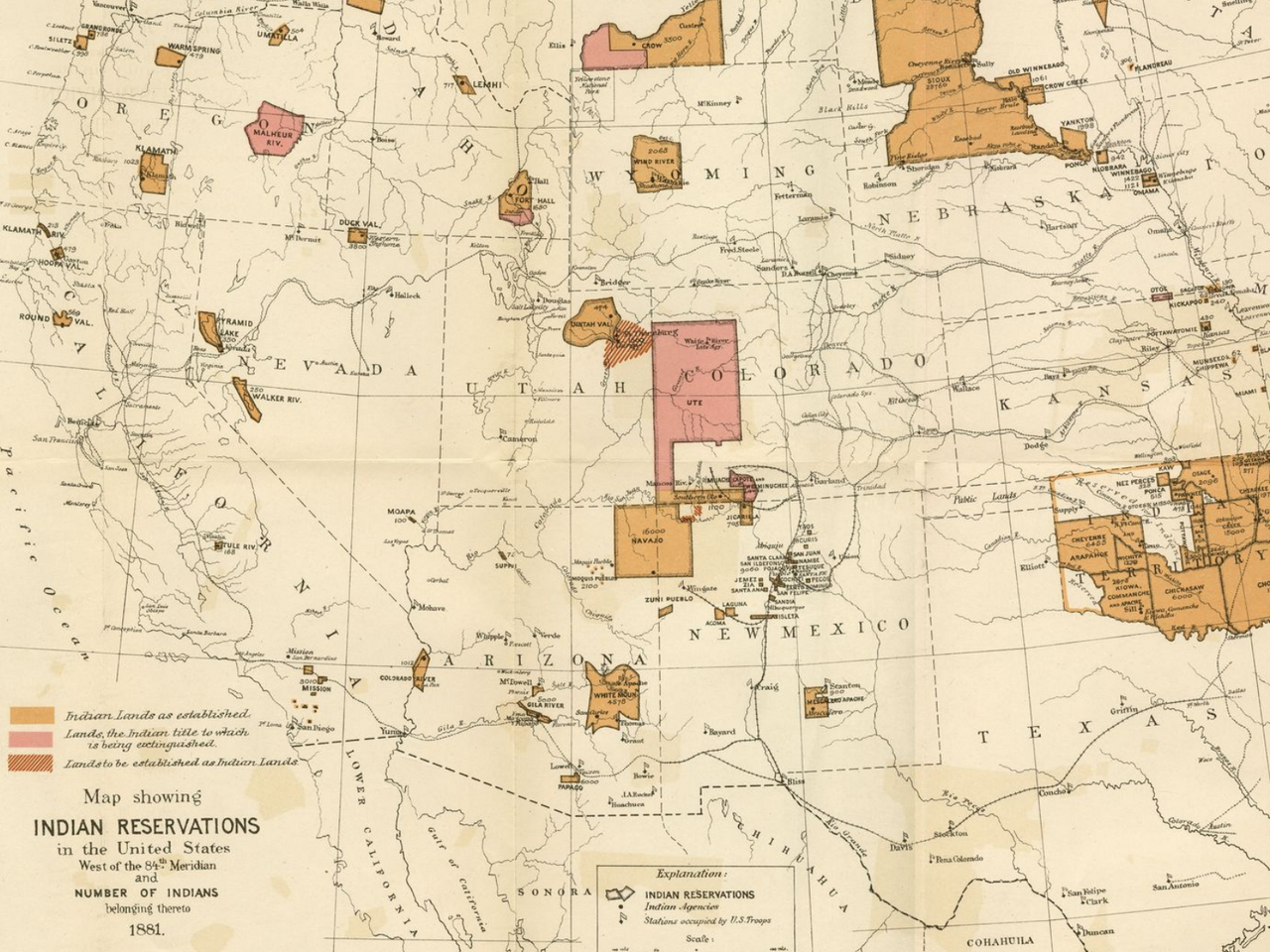 Map of the part of the USA in 1881 showing the locations of different Indian Reservations