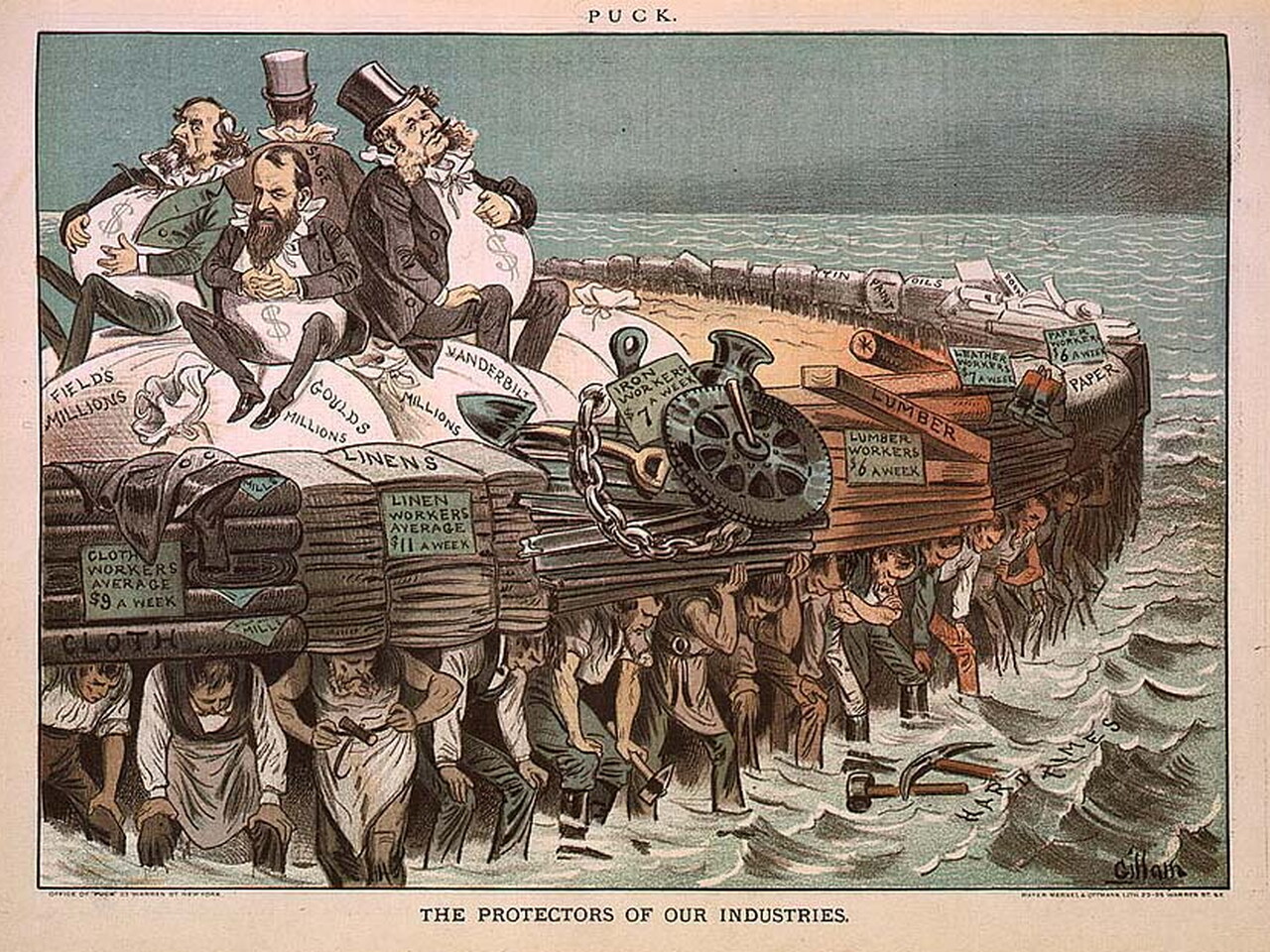 Cartoon showing Cyrus Field, Jay Gould, Cornelius Vanderbilt, and Russell Sage, seated on bags of "millions", on large raft, and being carried by workers of various professions