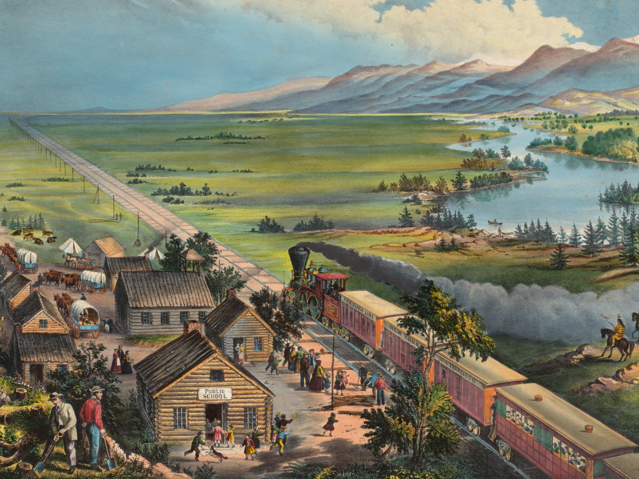 Illustration called "Across the Continent" showing railroad passing through frontier village with forest, plains, river, and mountainous terrain all visible. The train has the text "Through Line New York San Francisco" written on it.