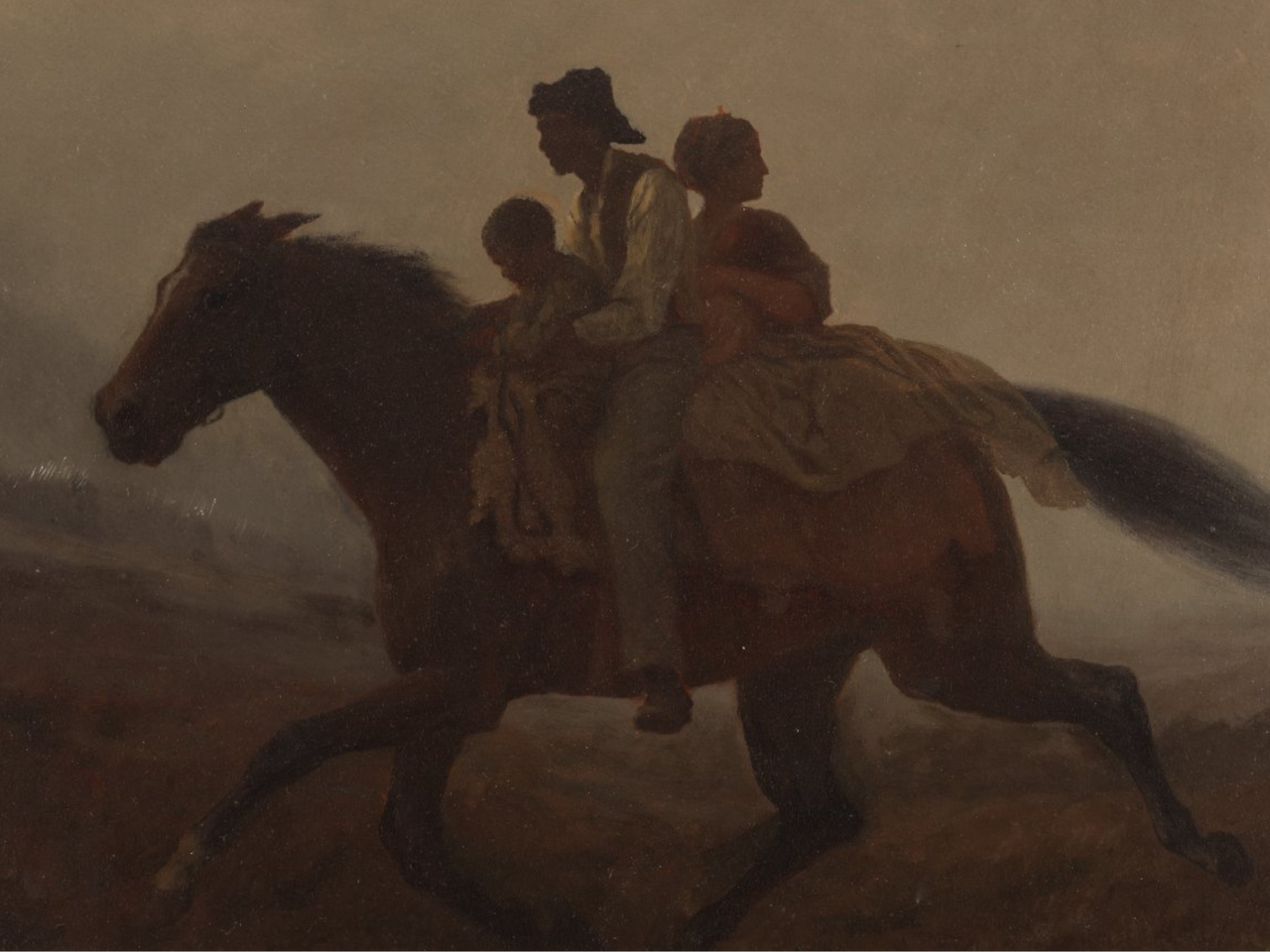 Oil painting from 1862 by Eastman Johnson showing an enslaved family on horse, riding to Union lines