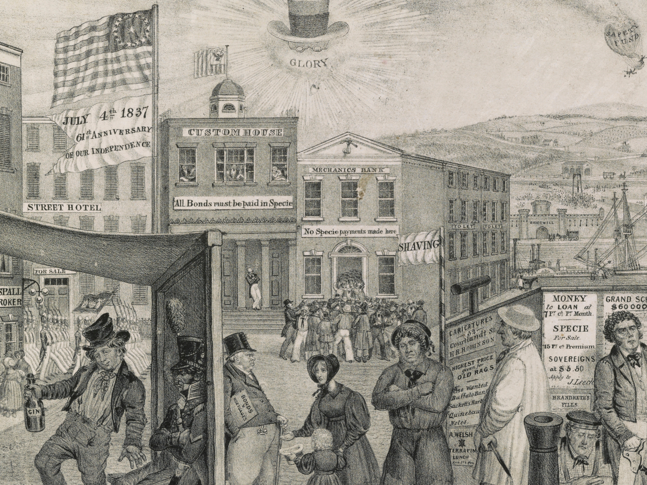 Lithograph showing a satyrical urban scene, intended to blame the depressed state of the American economy on Andrew Jackson, represented in the sky by floating hat, spectacles, and clay pipe with the word glory