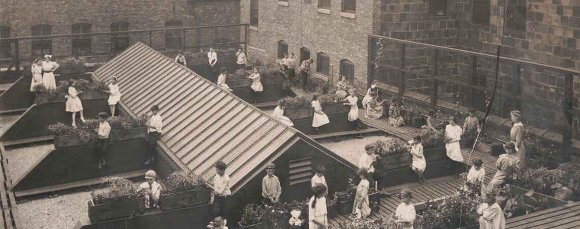 Photograph showing a group of children gardening on rooftop. Caption in Open Air Crusaders, p. 44: "A new use for a city roof. The Elizabeth McCormick Open Air Schools One and Two, which were continued as a summer school during 1912, took great pride in their school garden on the roof of Bowen Hall."