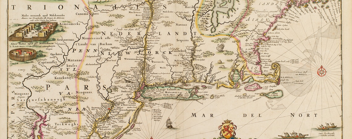 This map marks the culmination of Dutch surveys of their possessions in what became New York and New Jersey. Cartouche includes panorama of New York City (New Amsterdam).