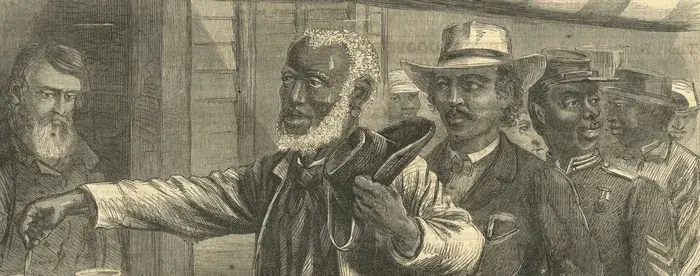 Image from illustrated 19th-century magazine showing line of Black men casting their vote