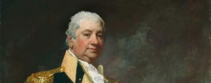  Painting of Henry Knox in a navy and gold uniform. Knox is posing with one hand on his hip and the other resting on a cannon. 