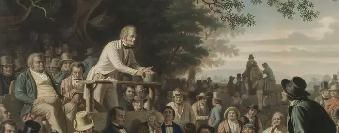 Print from 1856 showing speechifying in front of a crowd