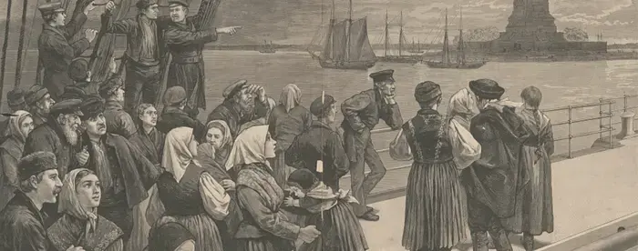Print from 1887 showing immigrants at Ellis Island with the Statue of Liberty in the background