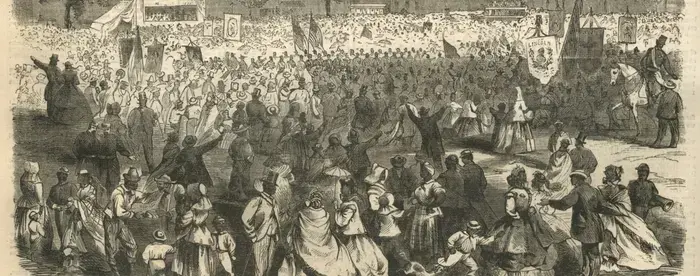 Cartoon from Harpers Weekly showing crowds celebrating abolition