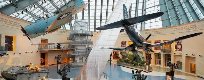 View of suspended airplanes in interior of National Museum of the Marine Corps