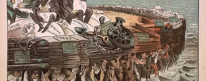 Cartoon showing Cyrus Field, Jay Gould, Cornelius Vanderbilt, and Russell Sage, seated on bags of "millions", on large raft, and being carried by workers of various professions