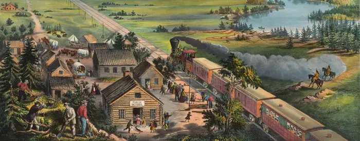Illustration called "Across the Continent" showing railroad passing through frontier village with forest, plains, river, and mountainous terrain all visible. The train has the text "Through Line New York San Francisco" written on it.