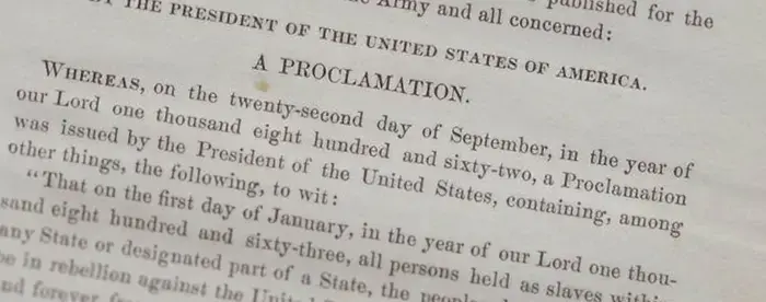 Detail from Lincoln's Emancipation Proclamation with focus on text "By the President of the United States of America. A Proclamation"