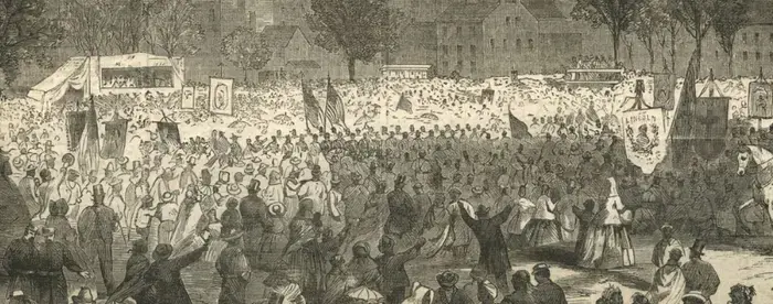 Illustration of crowd celebrating the abolition of slavery in Washington, D.C.