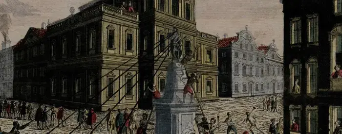 Print of the New York Sons of Liberty destroying a statue of King George III. 