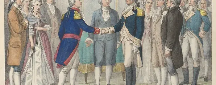A nineteenth-century print showing the meeting of George Washington and the Marquis de Lafayette at a social gathering