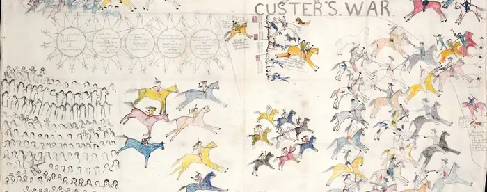 A comprehensive illustration of the Battle of Little Big Horn from the perspective of a Lakota warrior.