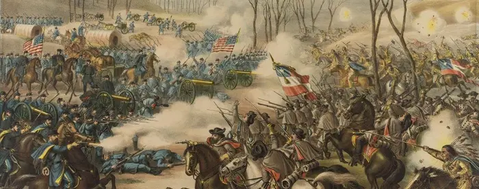 A painting of the Battle of Pea Ridge depicting a charging column of mixed Confederate calvary and infantry on the right side of the image. Most of the Confederate calvary are American Indians dressed in traditional garb, feather headdresses, and spears. Lower right foreground has a particularly detailed rendering of an Indian. Union lines are held by a mixture of infantry and artillerymen. Several Federal calvaryman are situated in the lower left foreground. Only two men lay wounded or killed, one on 