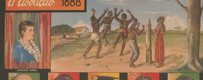 A color print with a row of portraits of five White and Black men (abolitionists in Brazil), below a portrait of Princess Isabel (wearing a blue dress with a white frill) and four shirtless Black men dancing next to a pole as a Black woman carrying a baby and wearing a pink dress looks on.