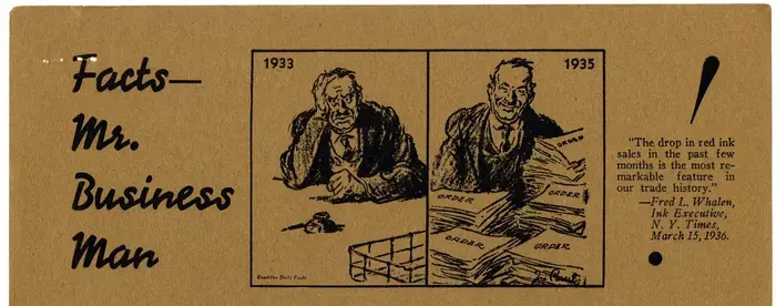 A 1936 broadside created by the Democratic National Committee supporting Franklin Delano Roosevelt's presidential campaign by highlighting him as good for business