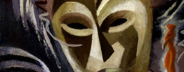 A dark abstract painting of a mask with horns.