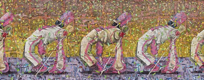 A tile mosaic in a subway station of drum majors in white uniforms dancing in formation.