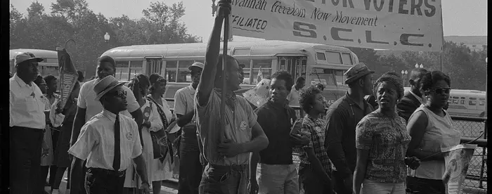 Marchers with SCLC sign for the Savannah Freedom Now Movement, during the March on Washington, 1963