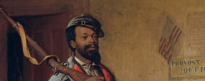 A painting of a bearded Black soldier with a slight smile on his face, wearing a blue Union Army uniform (jacket, coat, pants, and hat), holding a rifle on his right shoulder with a slight smile on his face.