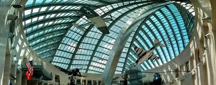 A panorama of the interior of the National Museum of the Marine Corps.