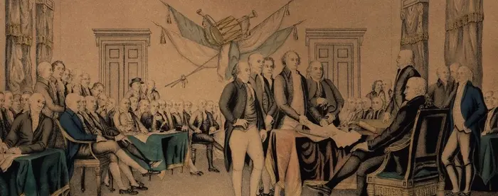 One print entitled The Declaration of Independence July 4th 1776 dated circa 1850. This image is a gathering of men and is considered to be depicting the signing or presentation of the Declaration of Independence.