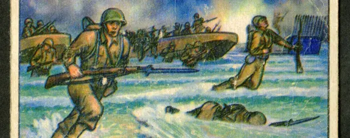 One trading card from the Red Menace collection, "6. Landing at Inchon," depicting "GI" soldiers arriving on the shores of Inchon.