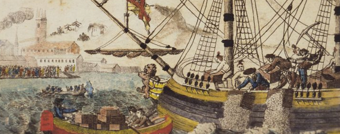 Depiction of Bostonians throwing tea overboard