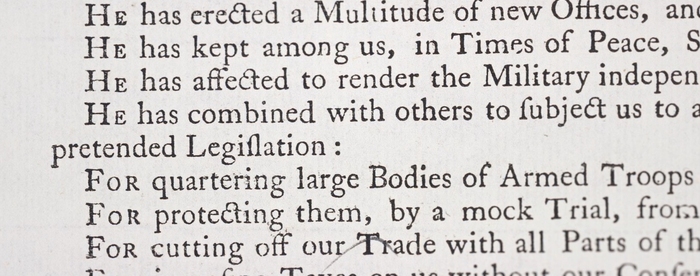 Dunlap Printing of the Declaration - close view of grievances