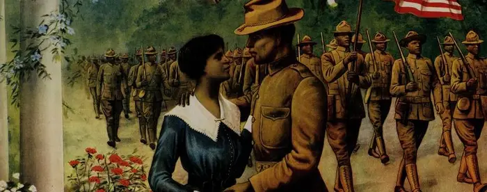 Depicts an African American World War I infantryman parting with a woman in a blue dress. In the background, African American soldiers march; one soldier carries a United States flag. The couple stands on a walkway surrounded by flowers.