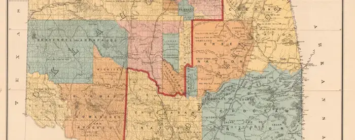 A multicolored map of the Oklahoma and Indian territories.