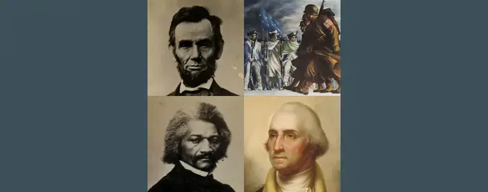 A collage of images, featuring portraits of Abraham Lincoln, Frederick Douglass, George Washington, and a US Office of War poster.