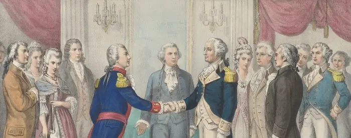 A nineteenth-century print showing George Washington, at right, shaking the hand of General Lafayette in front of a gathered crowd.