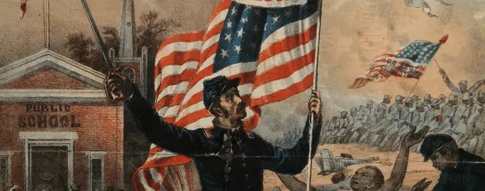 Poster with a fantastical Civil War battle in the background and a union soldier in the foreground waving a US flag.