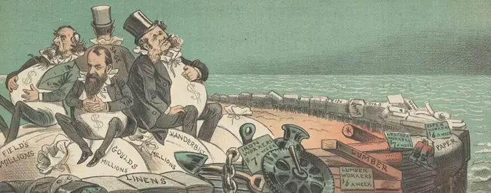 A political cartoon of four men in suits, their shirts emblazoned with dollar signs along the belly, atop bags of their respective "millions", with in turn people dressed in working clothes holding up the four men.