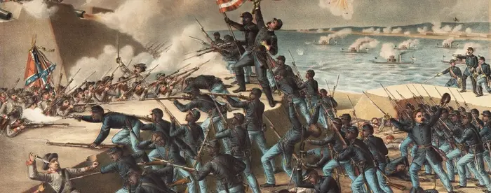 Depicts the 54th Massachusetts Regiment, composed of African American soldiers, leading the charge upon Fort Wagner in Charleston Harbor, South Carolina.