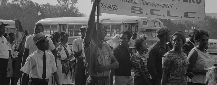 Marchers with SCLC sign for the Savannah Freedom Now Movement, during the March on Washington, 1963