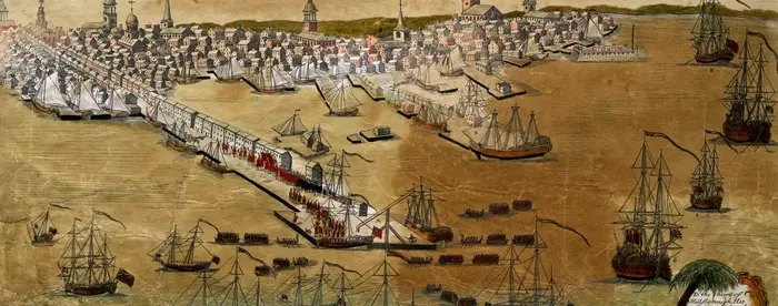 Paul Revere's hand colored engraving of Boston with British warships landing troops.