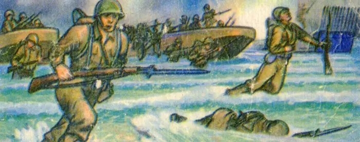One trading card from the Red Menace collection, "6. Landing at Inchon," depicting "GI" soldiers arriving on the shores of Inchon. Reverse side contains propaganda narrative that describes arrival of "GI" soldiers aiding the South Korean military. The narrative goes on to describe that the UN had "recaptured Seoul and kept going," and mentions "Chinese Reds strucks us from Manchuria."