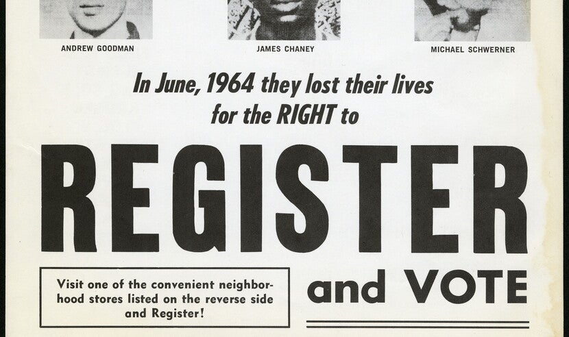 Register and Vote flyer memorializing Schwerner, Chaney, and Goodman