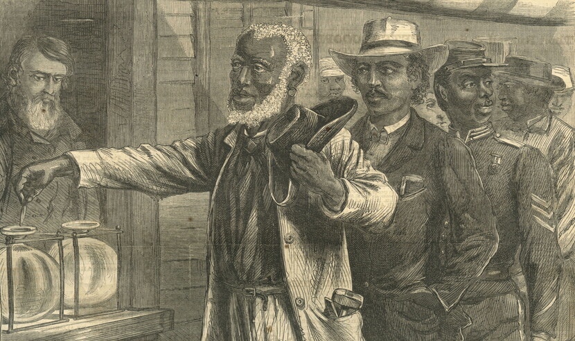 Image from illustrated 19th-century magazine showing line of Black men casting their vote