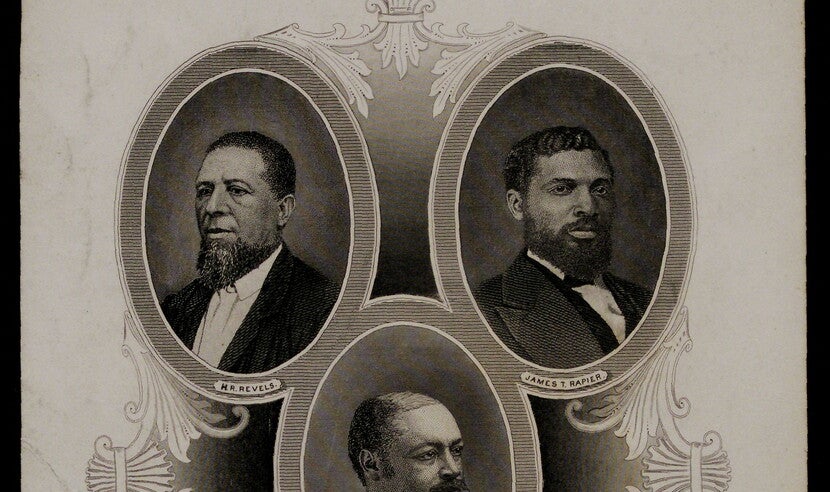 Print of five Black representatives during Reconstruction