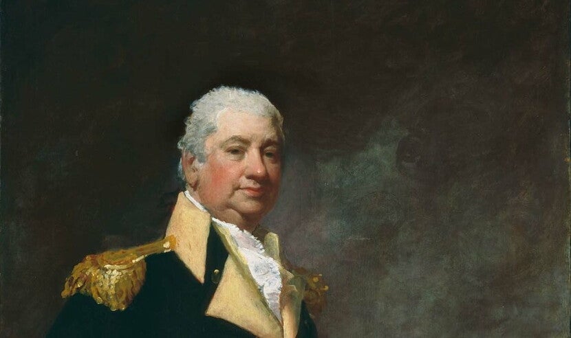  Painting of Henry Knox in a navy and gold uniform. Knox is posing with one hand on his hip and the other resting on a cannon. 