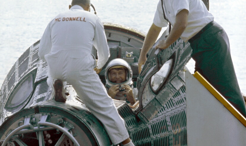 Photograph of Shirra emerging from Gemini capsule