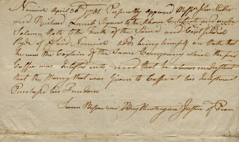 Handwritten document from 1781 attesting to the freedom of Cuffee Wells (Saunders)