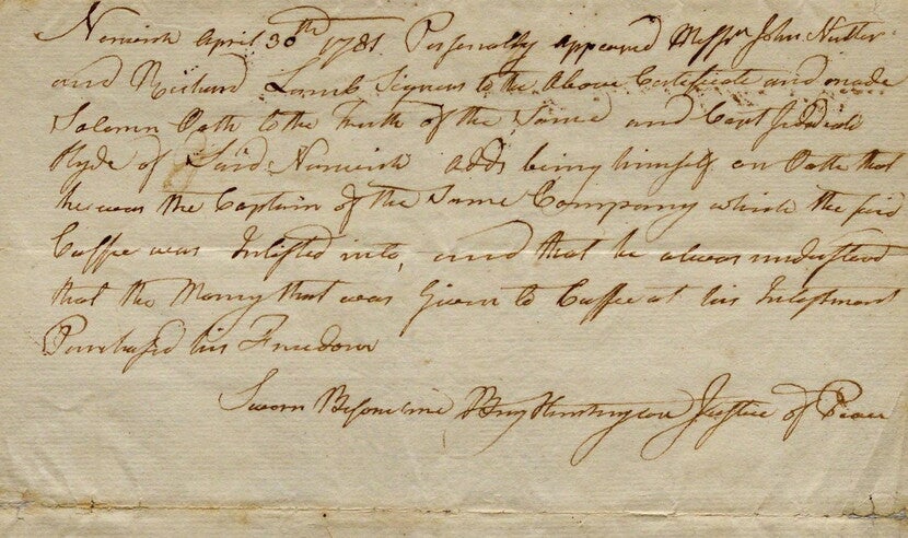 Handwritten document from 1781 attesting to the freedom of Cuffee Wells (Saunders)