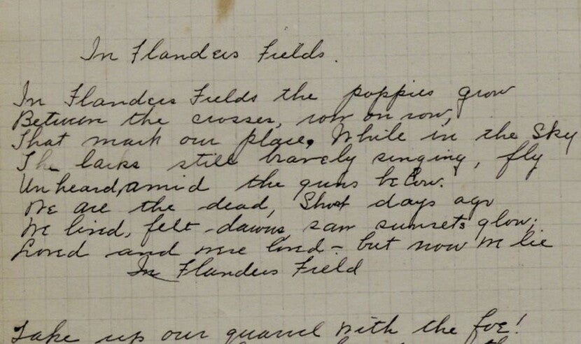 Page from Ella Jane Osborn's diary showing text for In Flanders Fields